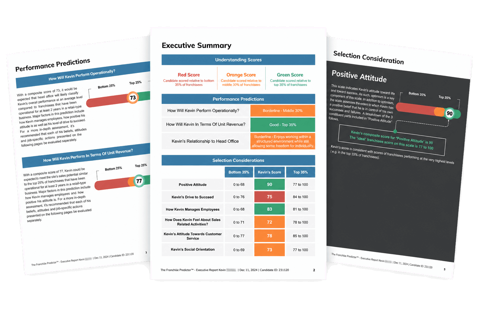 Three anonymised pages from a FranchiZe Predictor report showing performance predictions, an executive summary and selection considerations